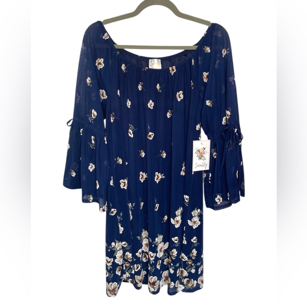NWT Floral Navy Blue Off Shoulder Dress with Bell Sleeves